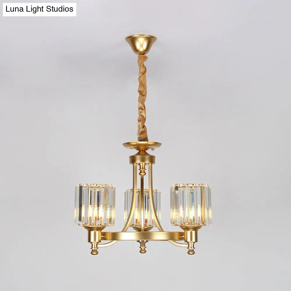 Contemporary 3/6-Bulb Metal Round Chandelier With Drum Crystal Prisms Shade - Gold Ceiling Pendant