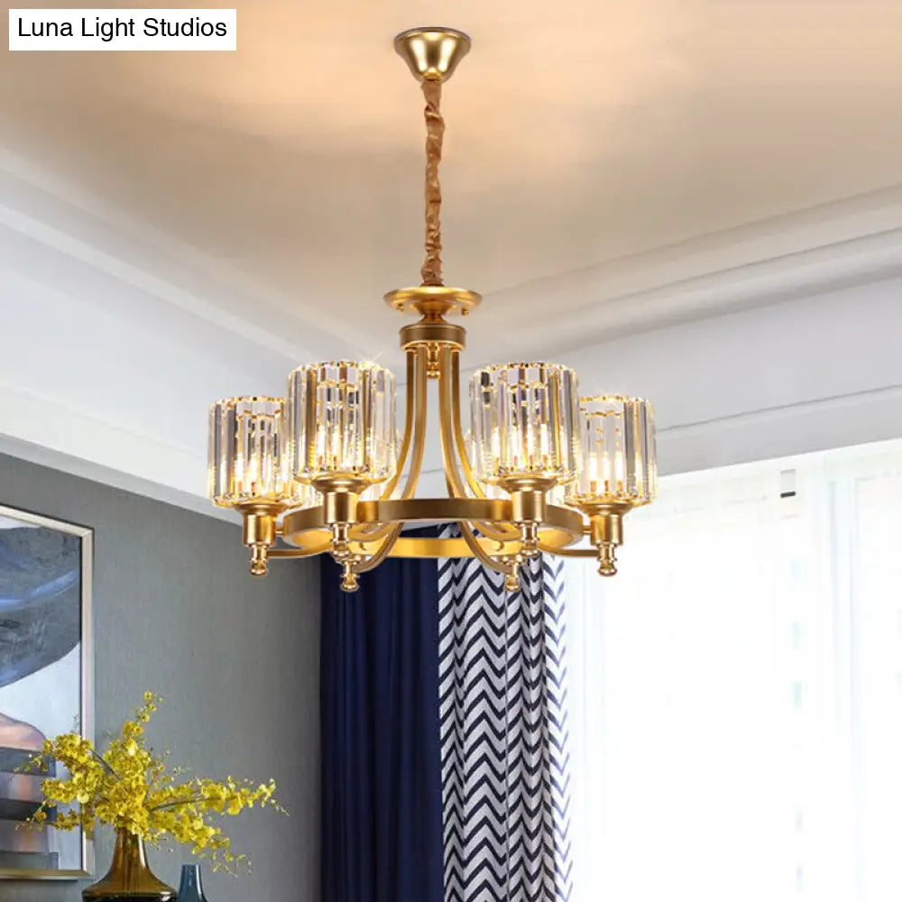 Contemporary 3/6-Bulb Metal Round Chandelier With Drum Crystal Prisms Shade - Gold Ceiling Pendant