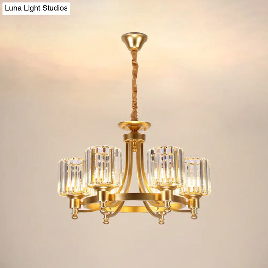 Contemporary 3/6-Bulb Metal Round Chandelier With Drum Crystal Prisms Shade - Gold Ceiling Pendant