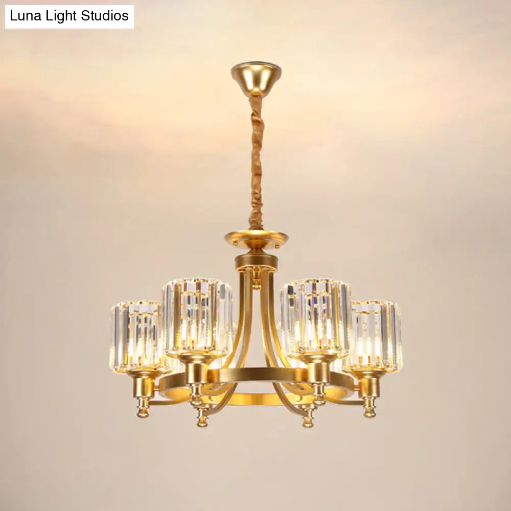 Contemporary Metal Round Chandelier - Gold Ceiling Pendant Light With Drum Crystal Prisms Shade