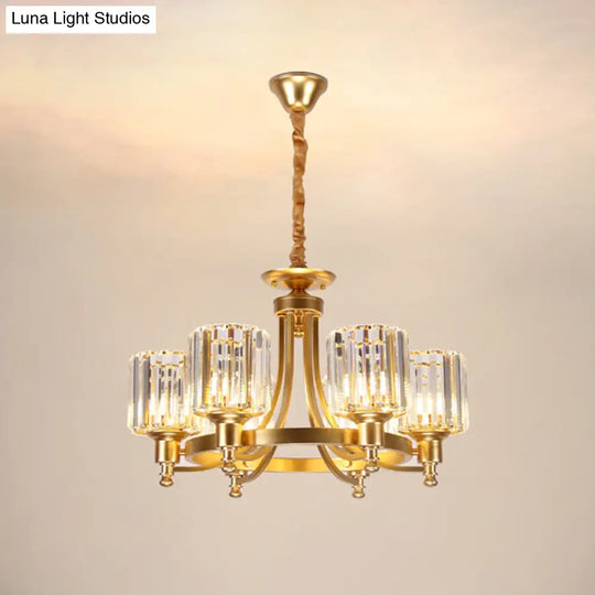 Contemporary Metal Round Chandelier - Gold Ceiling Pendant Light With Drum Crystal Prisms Shade