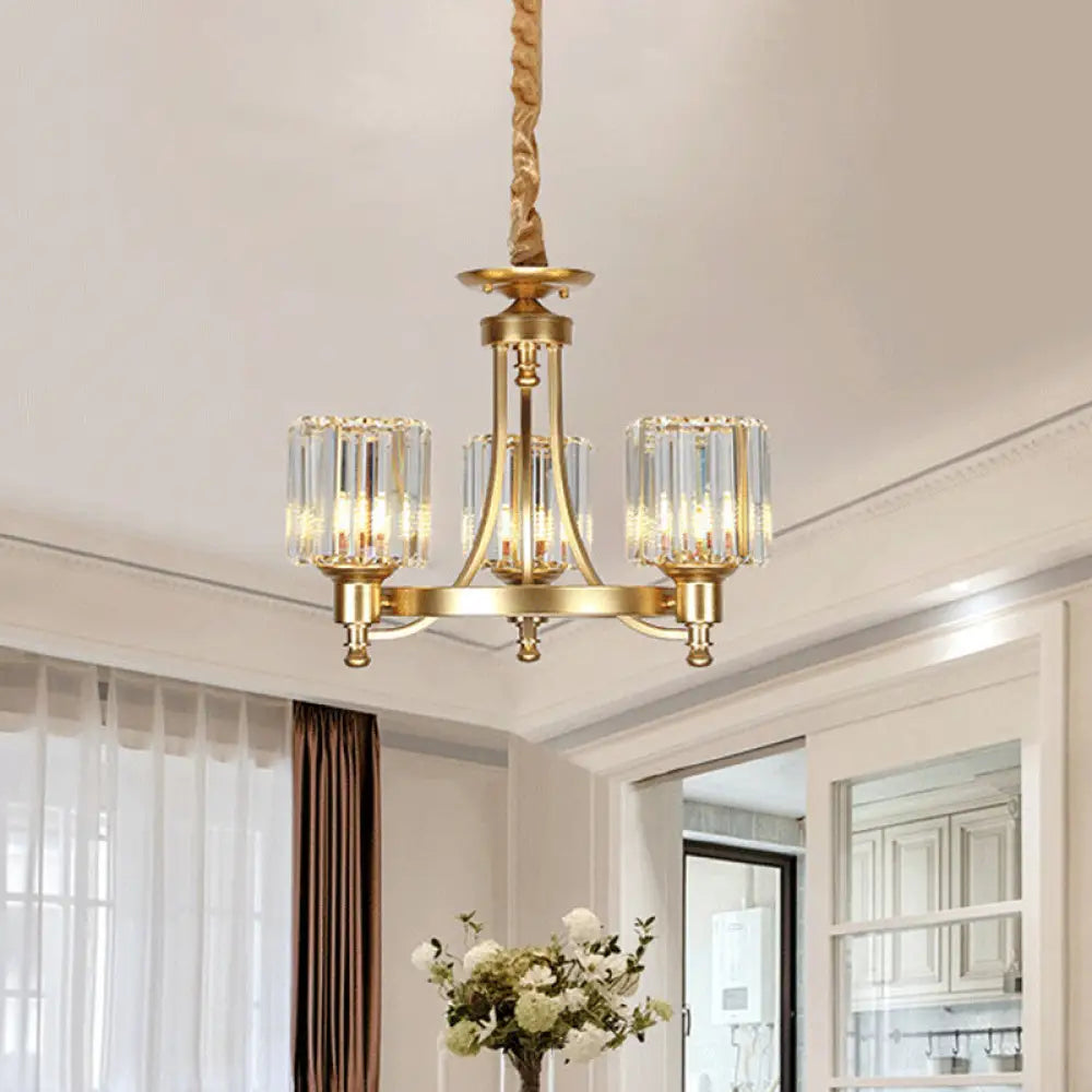 Contemporary Metal Round Chandelier - Gold Ceiling Pendant Light With Drum Crystal Prisms Shade