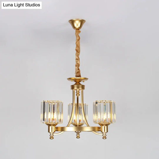 Contemporary Metal Round Chandelier - Gold Ceiling Pendant Light With Drum Crystal Prisms Shade