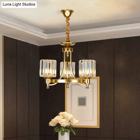 Contemporary Metal Round Chandelier - Gold Ceiling Pendant Light With Drum Crystal Prisms Shade