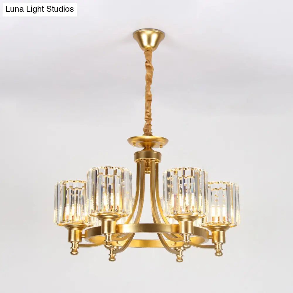 Contemporary Metal Round Chandelier - Gold Ceiling Pendant Light With Drum Crystal Prisms Shade