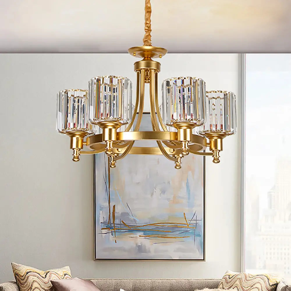 Contemporary Metal Round Chandelier - Gold Ceiling Pendant Light With Drum Crystal Prisms Shade