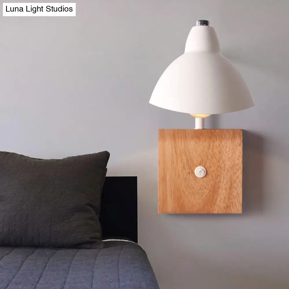 Contemporary Metal Wall Lamp - White Light Sconce With Square Wooden Backplate