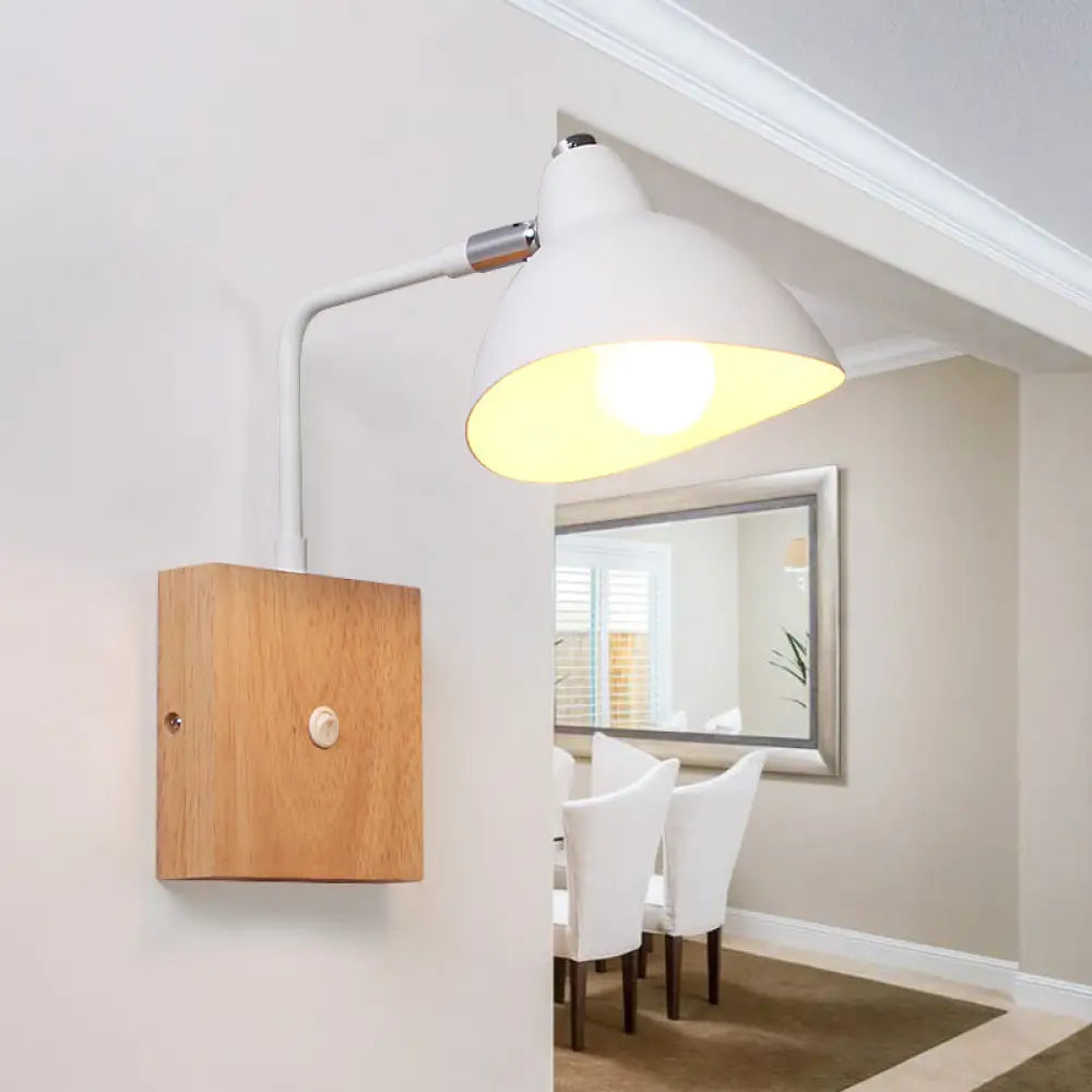 Contemporary Metal Wall Lamp - White Light Sconce With Square Wooden Backplate