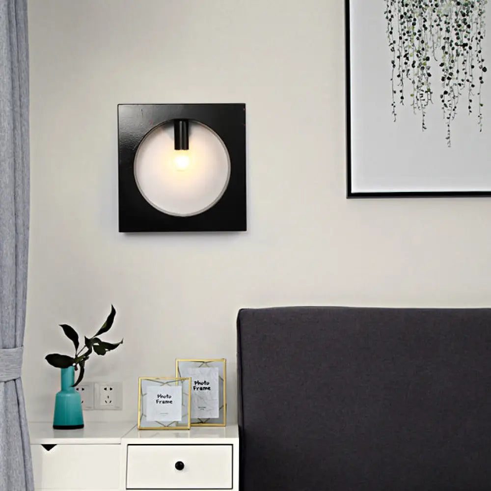 Contemporary Metal Wall Sconce Lamp With Squared/Rounded Shade - 1-Light Bathroom Lighting In