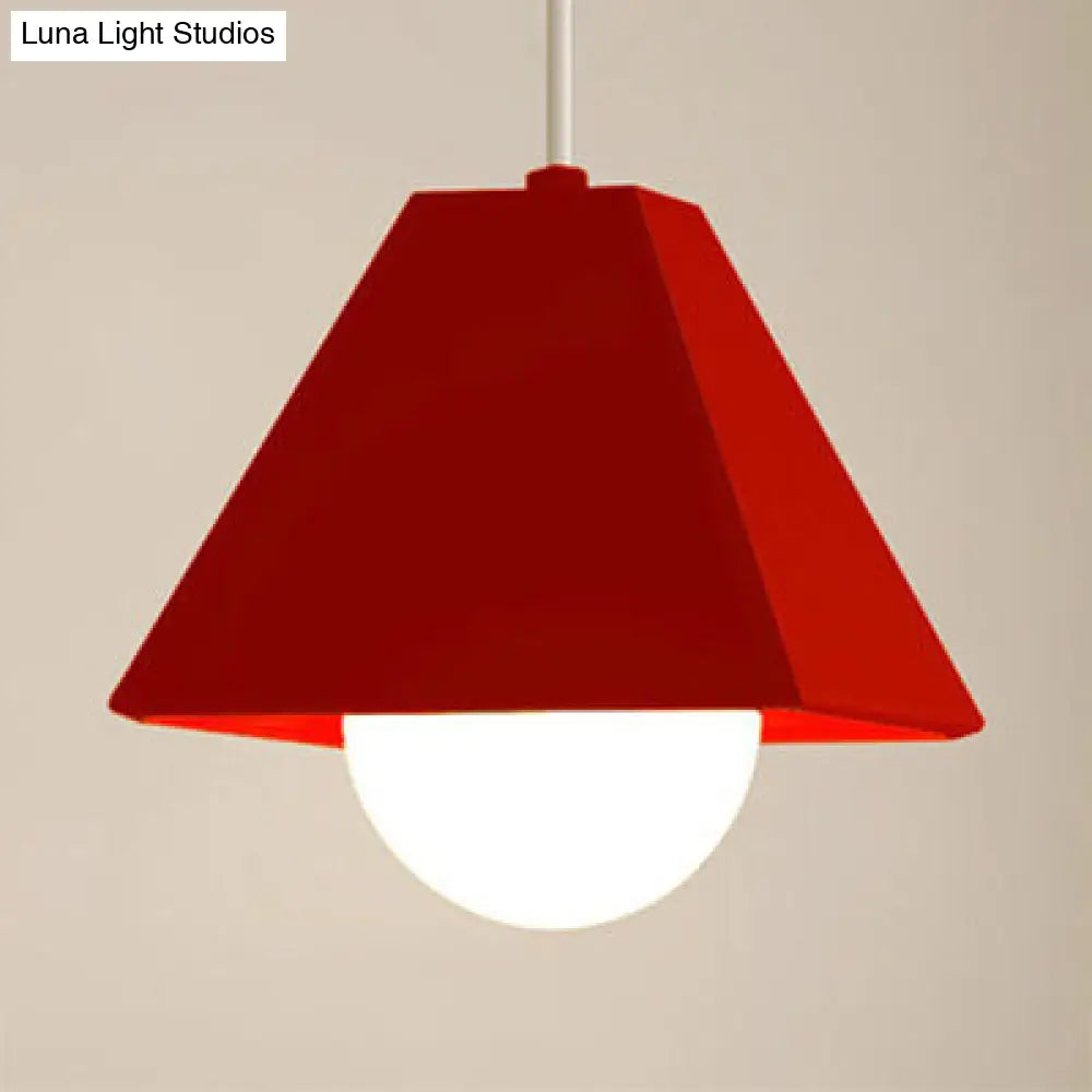 Contemporary Metallic 1-Bulb Bedroom Pendant: Orange/Green Pyramid Shade Ceiling Fixture Red