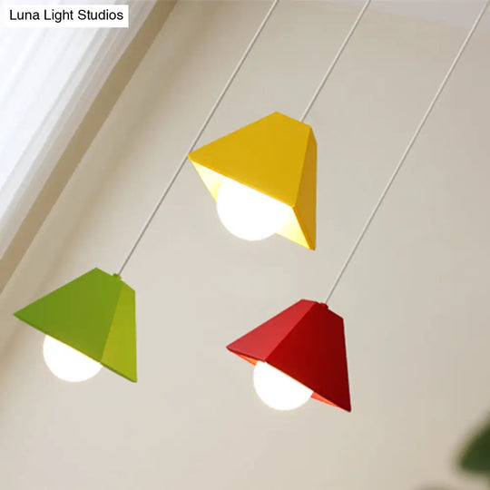 Contemporary Metallic Bedroom Pendant Light With Orange/Green Pyramid Shade & 1 Bulb