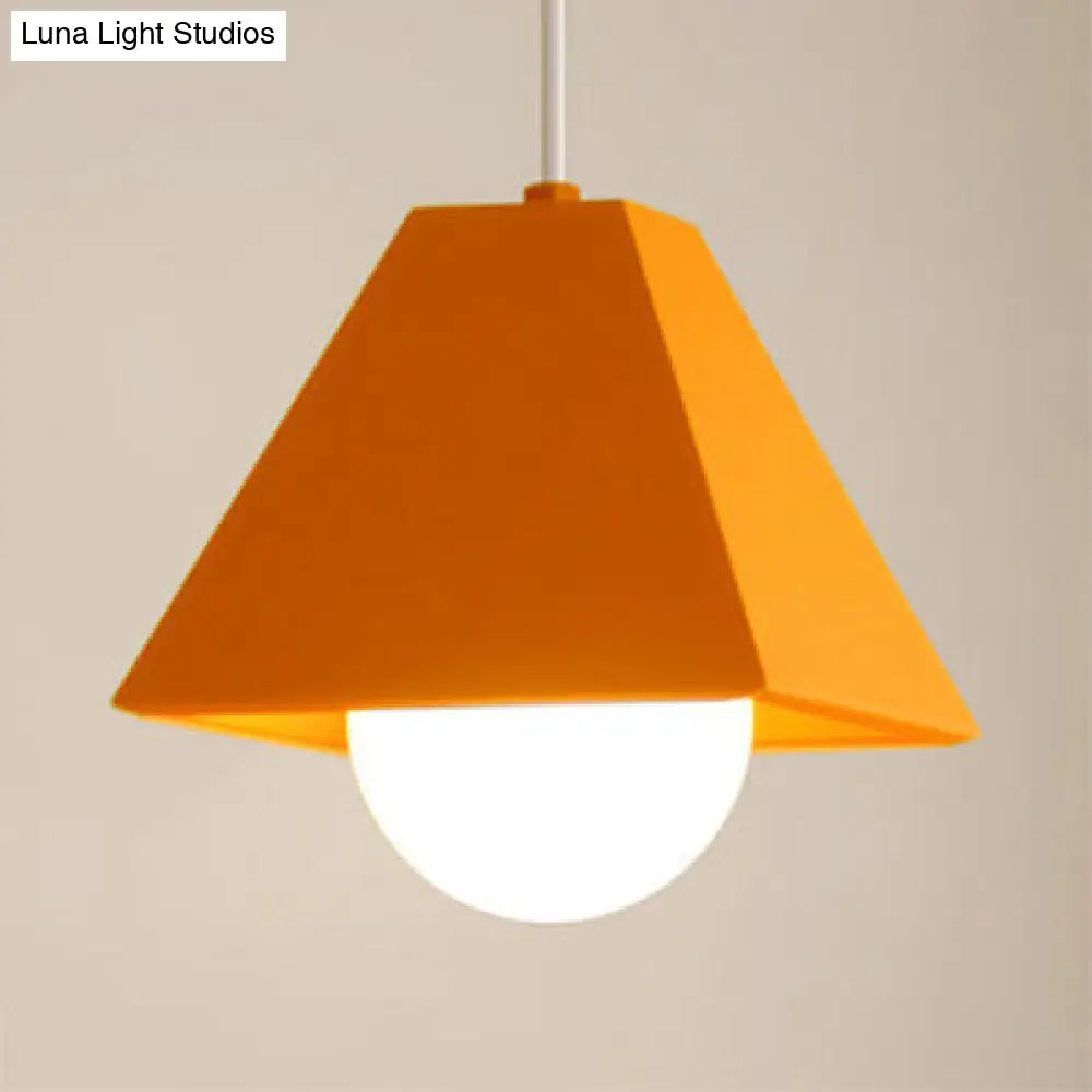 Contemporary Metallic 1-Bulb Bedroom Pendant: Orange/Green Pyramid Shade Ceiling Fixture Orange