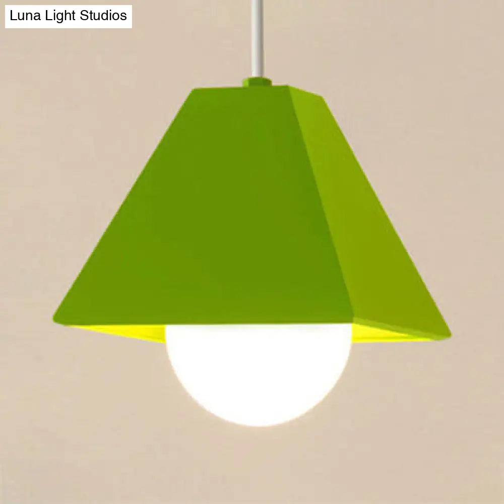 Contemporary Metallic 1-Bulb Bedroom Pendant: Orange/Green Pyramid Shade Ceiling Fixture Green