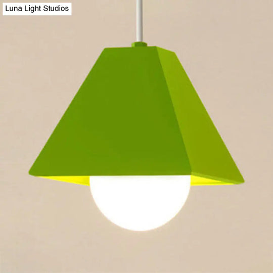 Contemporary Metallic 1-Bulb Bedroom Pendant: Orange/Green Pyramid Shade Ceiling Fixture Green