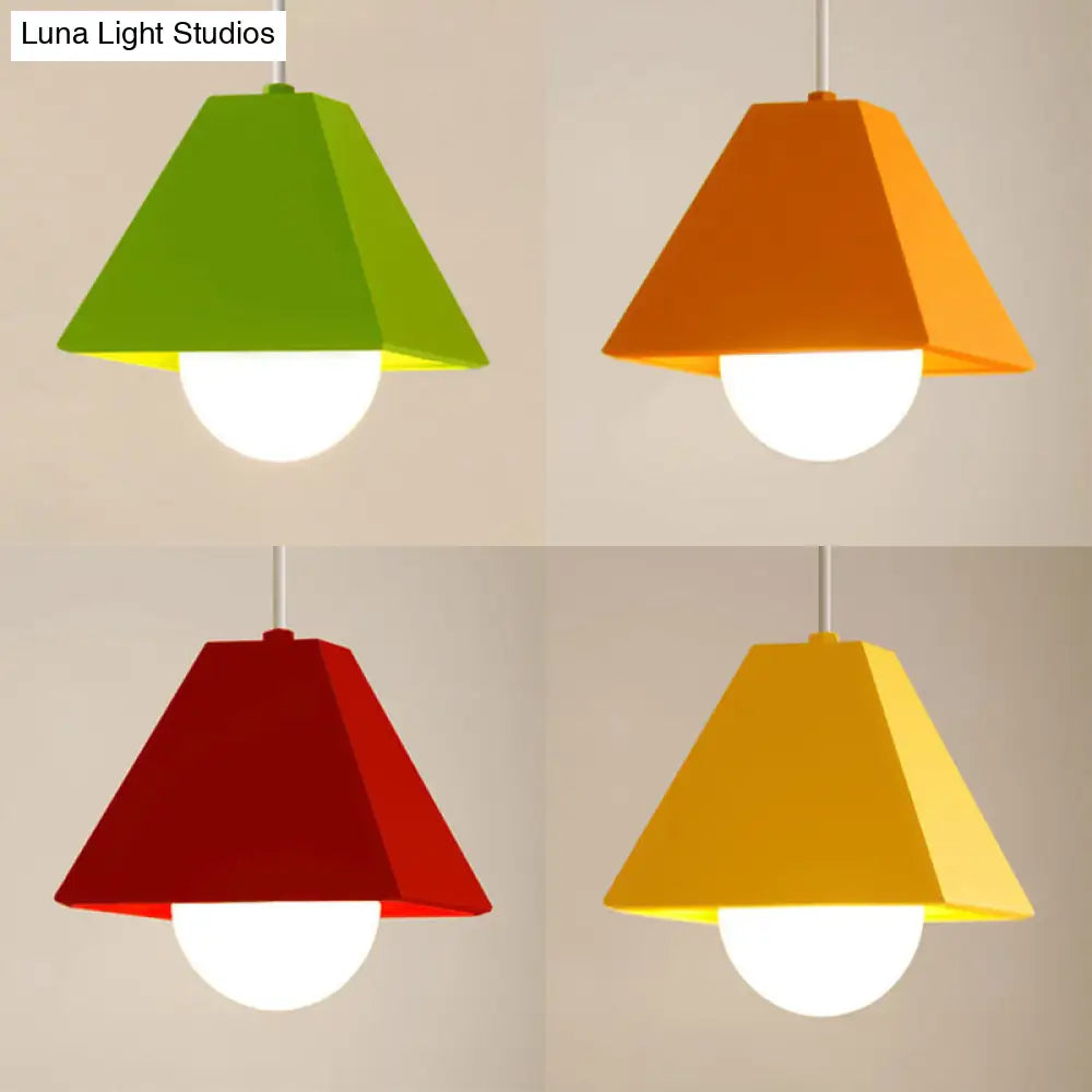 Contemporary Metallic Bedroom Pendant Light With Orange/Green Pyramid Shade & 1 Bulb