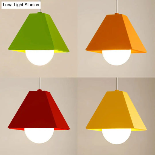 Contemporary Metallic Bedroom Pendant Light With Orange/Green Pyramid Shade & 1 Bulb