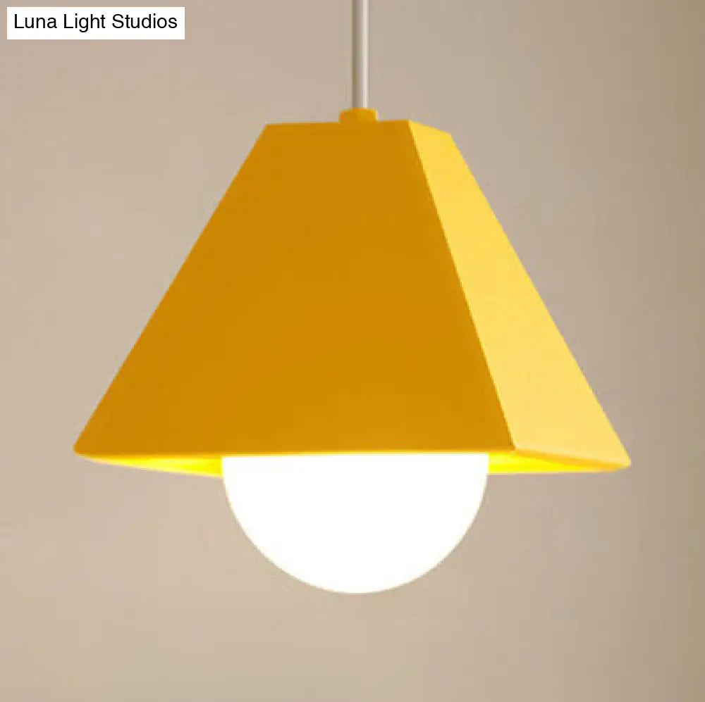 Contemporary Metallic 1-Bulb Bedroom Pendant: Orange/Green Pyramid Shade Ceiling Fixture Yellow