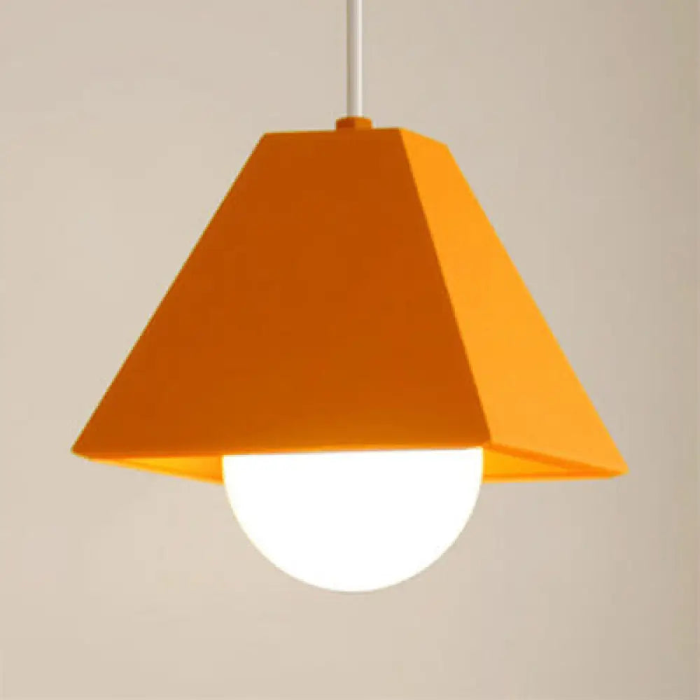 Contemporary Metallic Bedroom Pendant Light With Orange/Green Pyramid Shade & 1 Bulb Orange