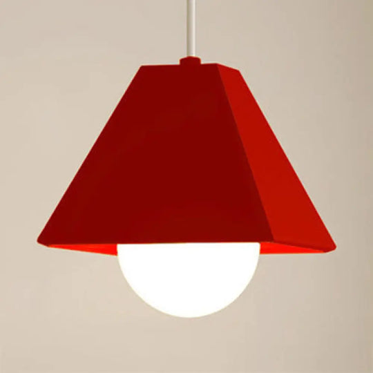 Contemporary Metallic Bedroom Pendant Light With Orange/Green Pyramid Shade & 1 Bulb Red