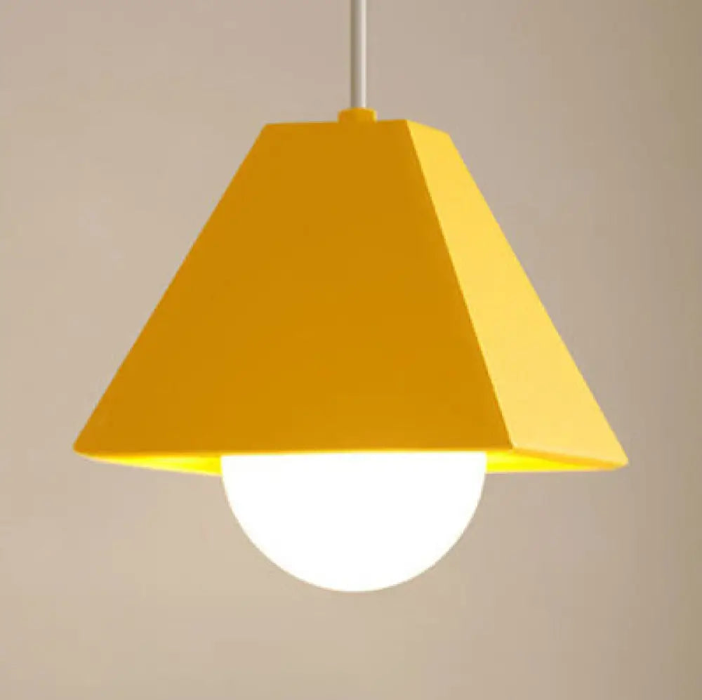 Contemporary Metallic Bedroom Pendant Light With Orange/Green Pyramid Shade & 1 Bulb Yellow