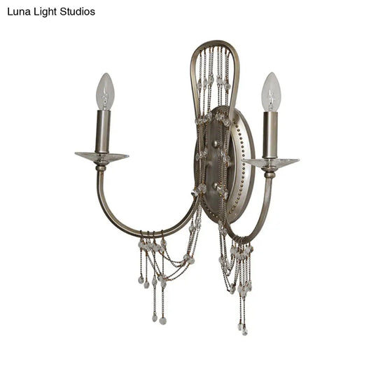 Contemporary Metallic Candelabra Wall Light Sconce - 2-Light Crystal Bedroom Lighting Nickel Finish