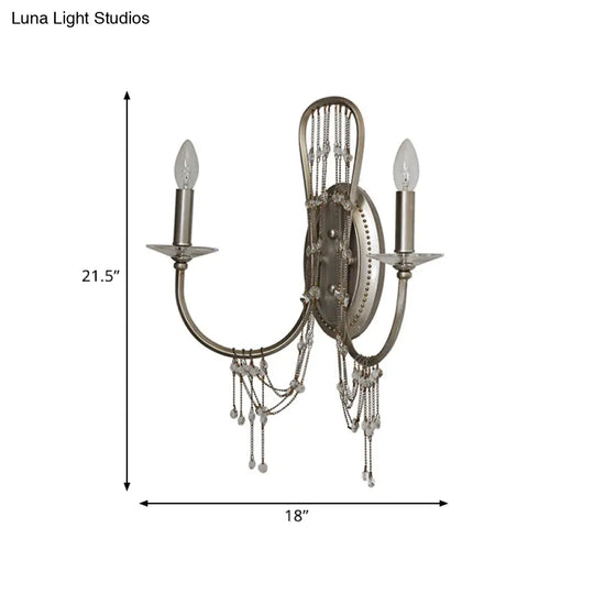 Contemporary Metallic Candelabra Wall Light Sconce - 2-Light Crystal Bedroom Lighting Nickel Finish