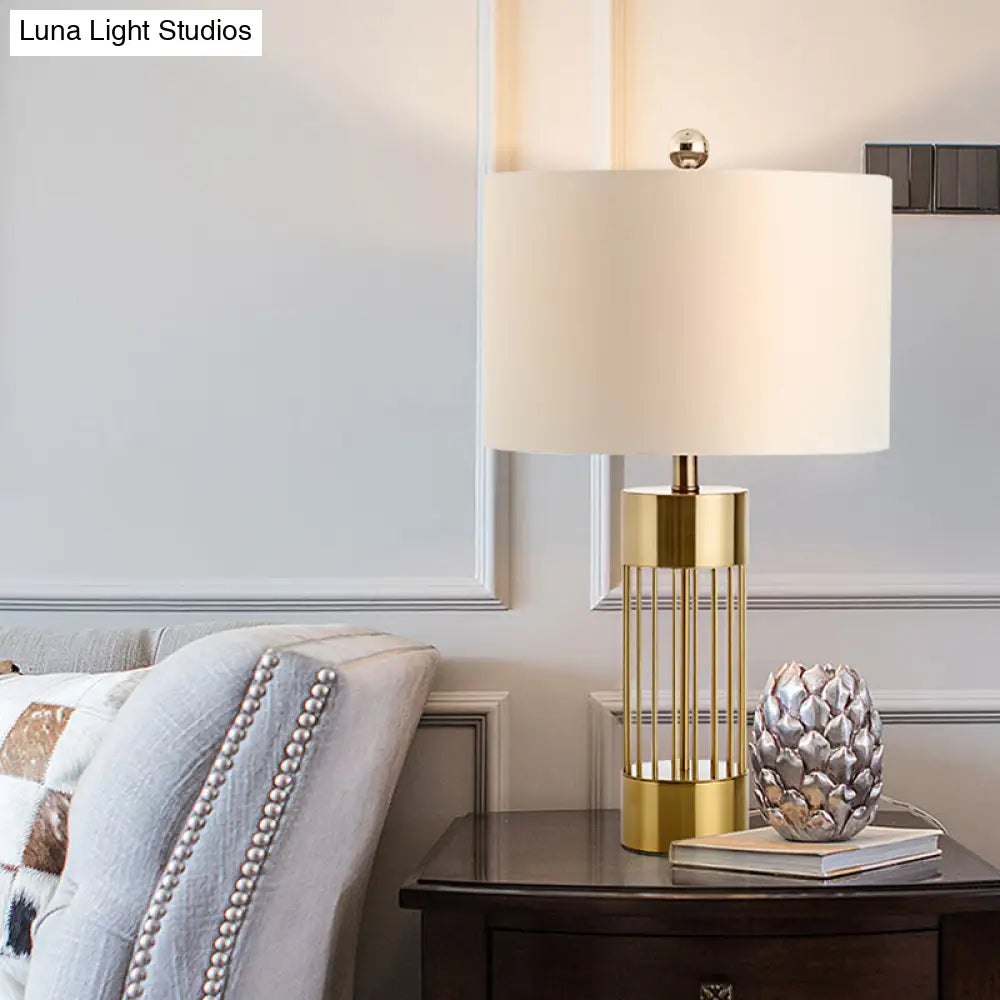 Contemporary Metallic Cylinder Table Light - Single-Bulb Bedside Lamp With White Drum Fabric Shade