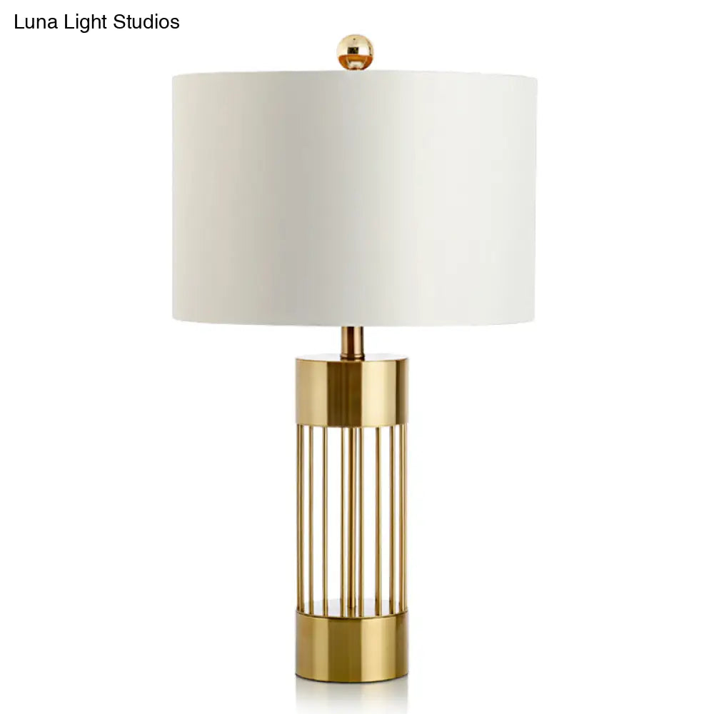 Contemporary Metallic Cylinder Table Light - Single-Bulb Bedside Lamp With White Drum Fabric Shade