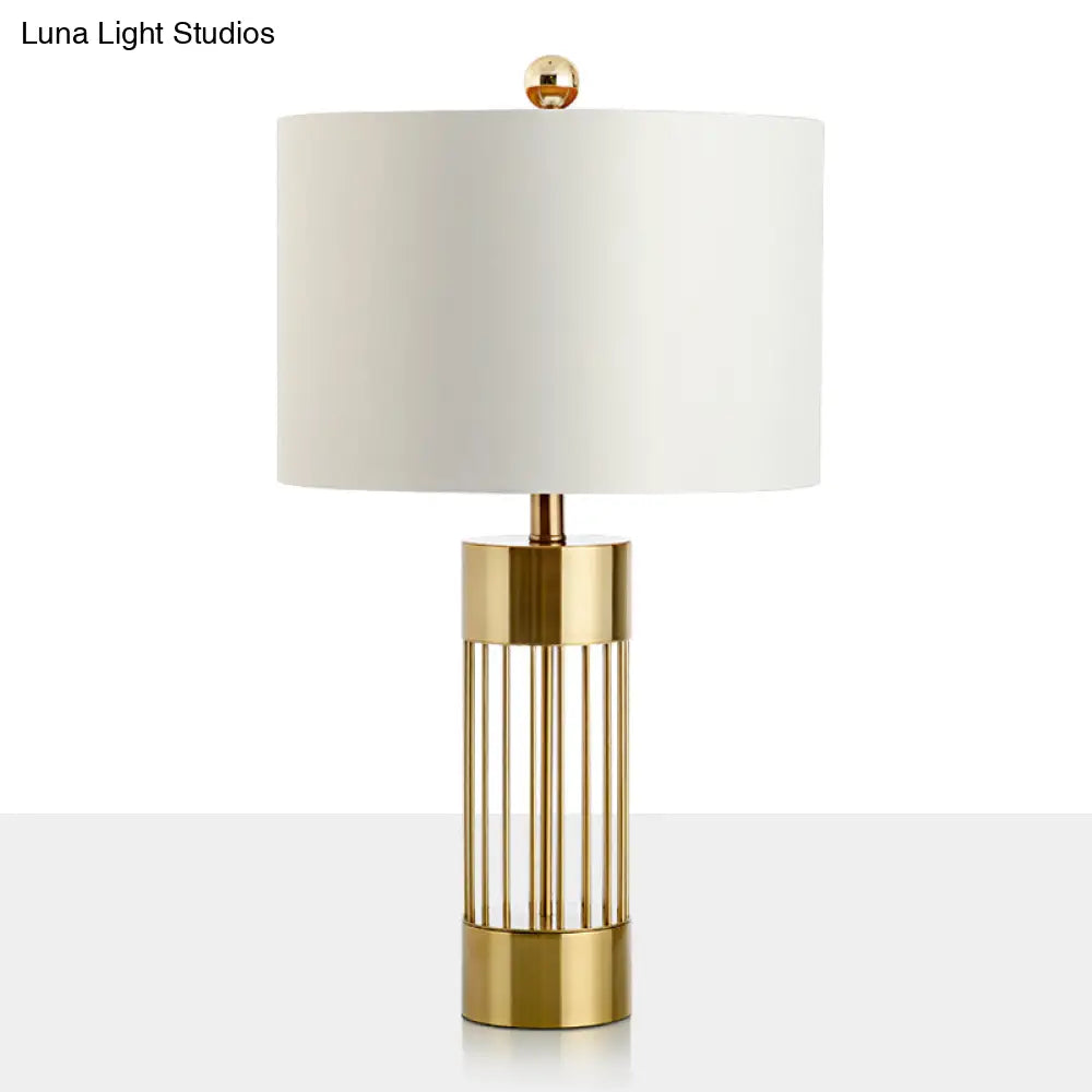 Contemporary Metallic Cylinder Table Light - Single-Bulb Bedside Lamp With White Drum Fabric Shade