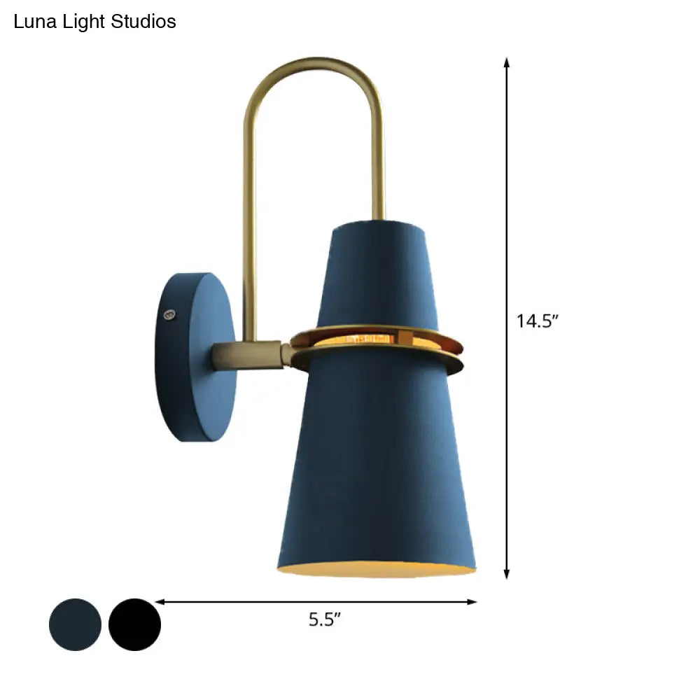 Contemporary Metallic Flared Wall Sconce Light With Curved Arm - Blue/Black 1 Head Mount Lamp