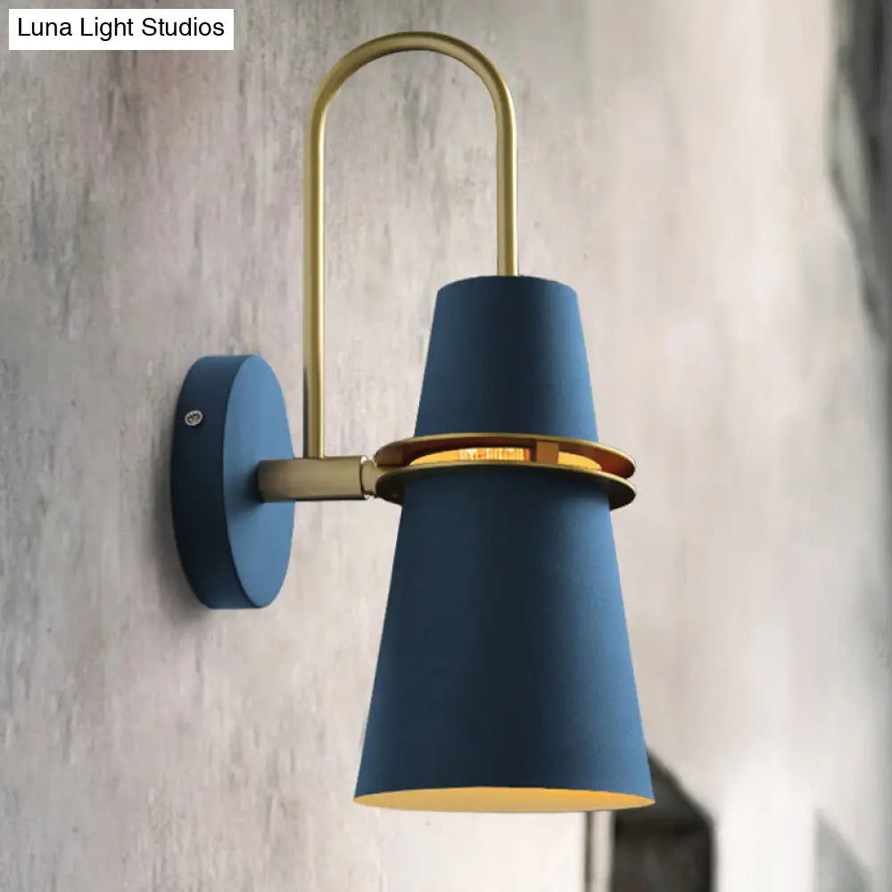 Contemporary Metallic Flared Wall Sconce Light With Curved Arm - Blue/Black 1 Head Mount Lamp