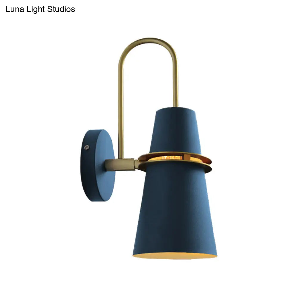 Contemporary Metallic Flared Wall Sconce Light With Curved Arm - Blue/Black 1 Head Mount Lamp