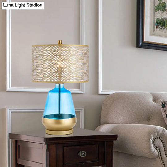 Contemporary Metallic Gold Drum Shade Table Light: Small Desk Lamp For Bedroom