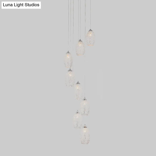 Contemporary Metallic Hanging Lamp: 8-Bulb Silver Egg Shape Stair Pendant