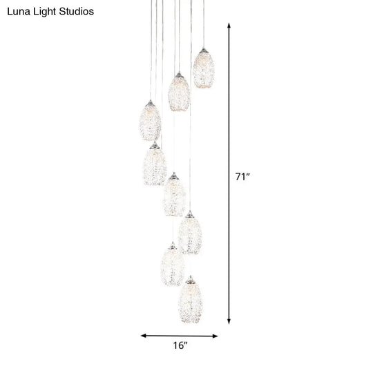 Contemporary Metallic Egg-Shaped Stair Pendant With 8 Bulbs Silver Hanging Lamp