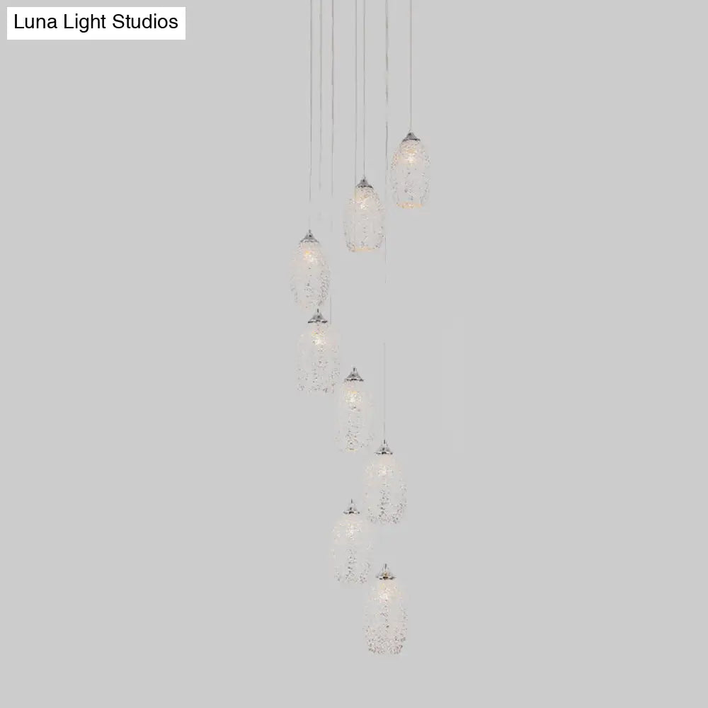 Contemporary Metallic Egg-Shaped Stair Pendant With 8 Bulbs Silver Hanging Lamp