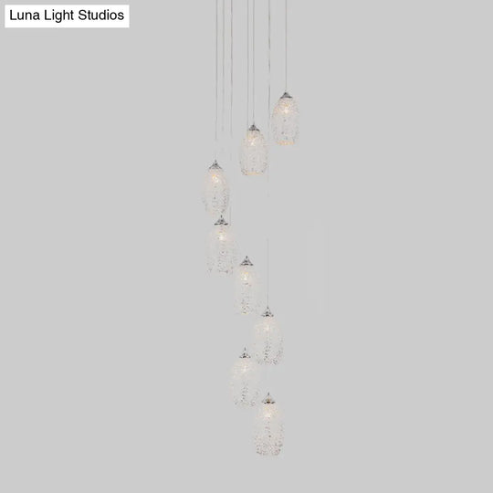 Contemporary Metallic Egg-Shaped Stair Pendant With 8 Bulbs Silver Hanging Lamp