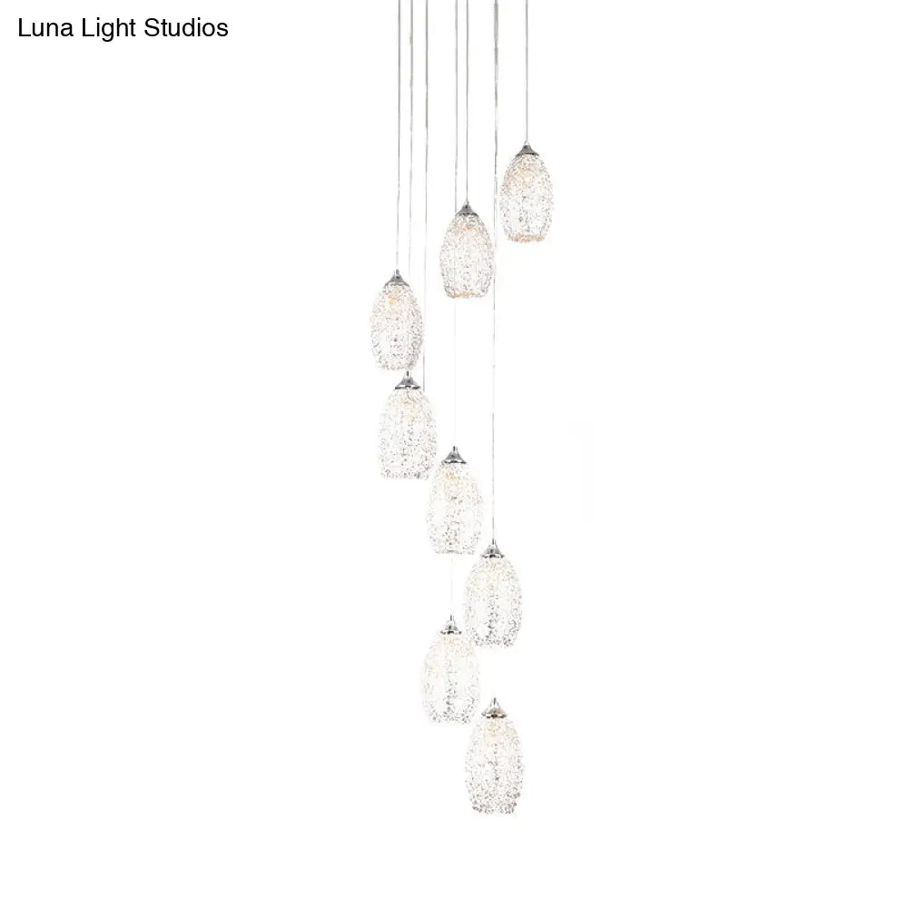 Contemporary Metallic Egg-Shaped Stair Pendant With 8 Bulbs Silver Hanging Lamp