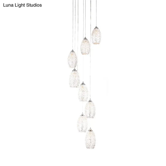 Contemporary Metallic Hanging Lamp: 8-Bulb Silver Egg Shape Stair Pendant