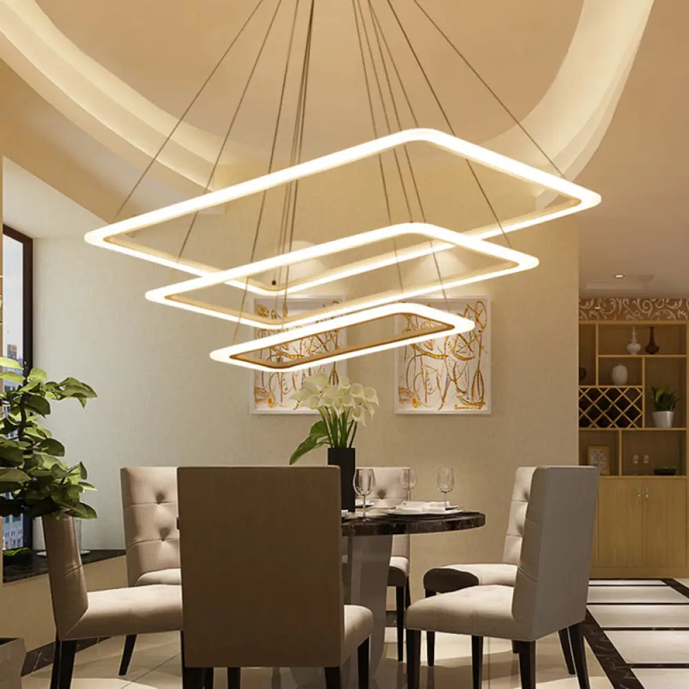 Contemporary Metallic Led Chandelier Pendant Light - Rectangular Layered Design For Living Room In