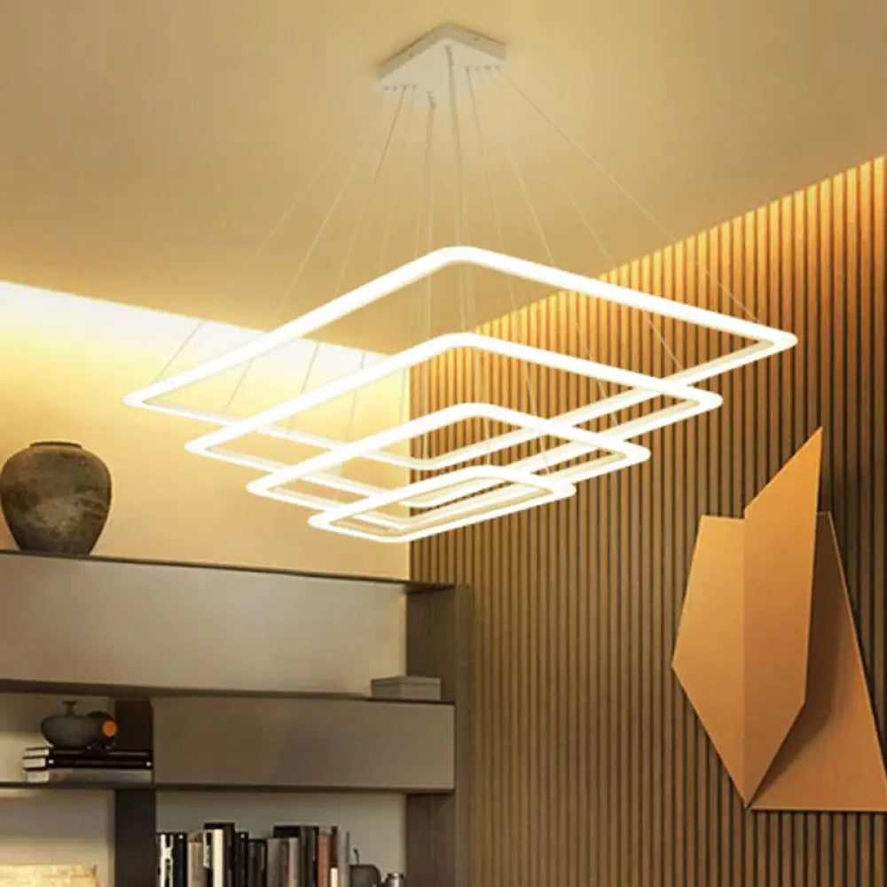 Contemporary Metallic Led Chandelier Pendant Light - Rectangular Layered Design For Living Room In