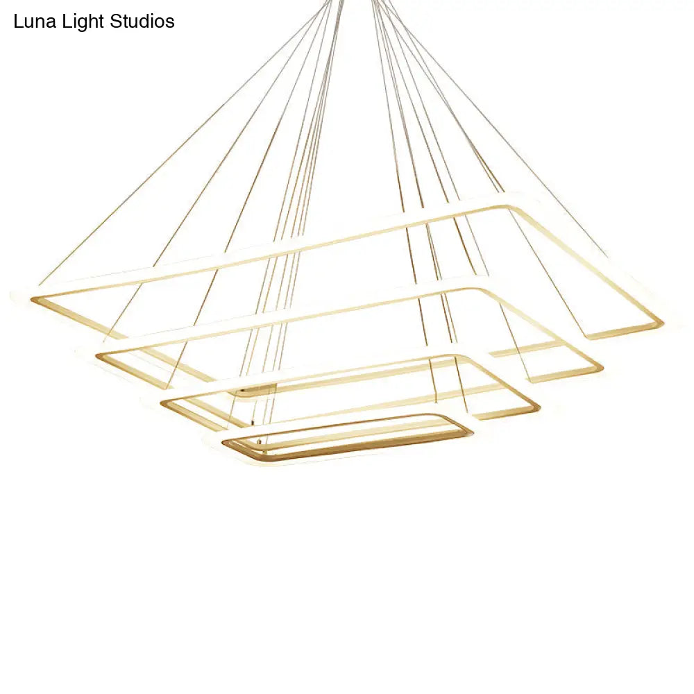 Contemporary Metallic Led Chandelier Pendant Light - Rectangular Layered Design For Living Room In