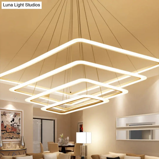 Contemporary Metallic Led Chandelier Pendant Light - Rectangular Layered Design For Living Room In