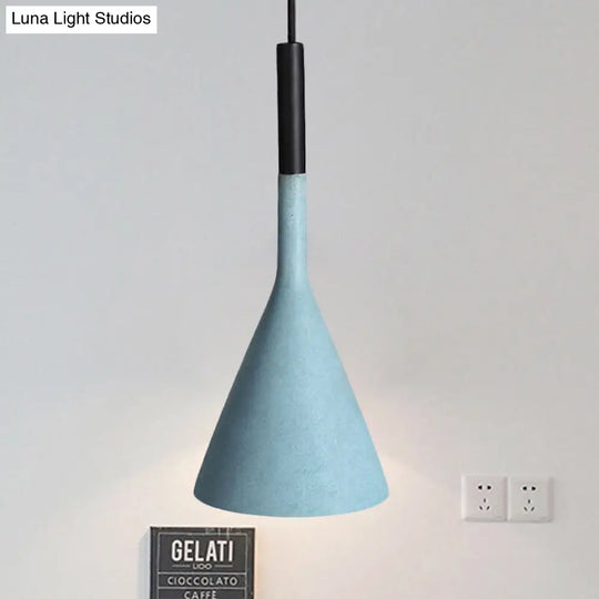 Contemporary Metallic Pendant Light For Adult Bedroom With Funnel Shade Blue