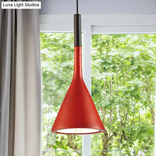 Contemporary Metallic Pendant Light For Adult Bedroom With Funnel Shade Red