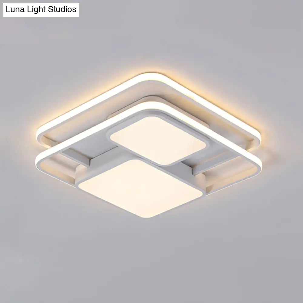 Contemporary Metallic Squared Flush Mount Lamp - White/Black Led Light 16.5/20.5 Width White/Warm