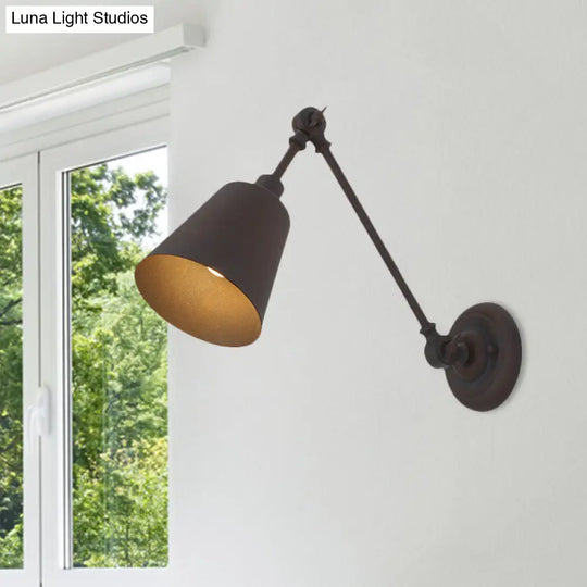 Contemporary Metallic Wall Mount Light: Adjustable Arm Black/Rust Tapered Bedroom Sconce