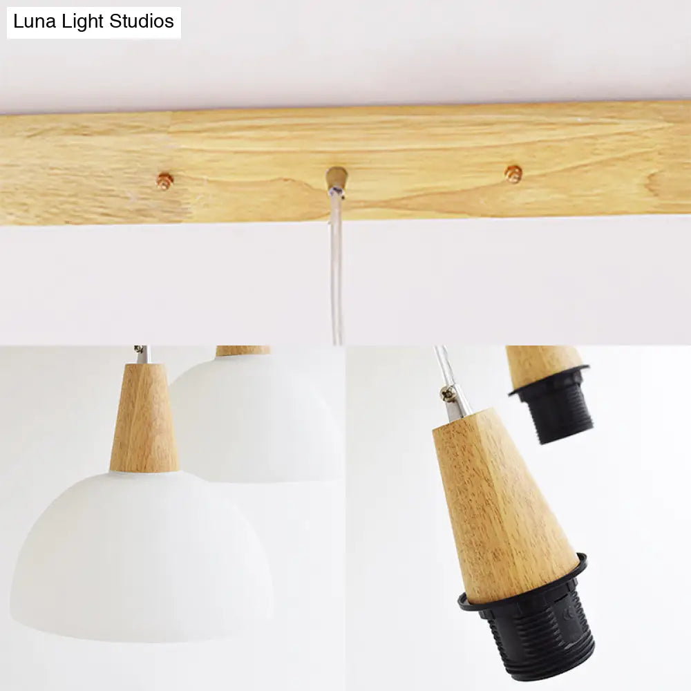 Contemporary Milk Glass Dome Pendant Lamp With Wooden Cap And 3 Lights