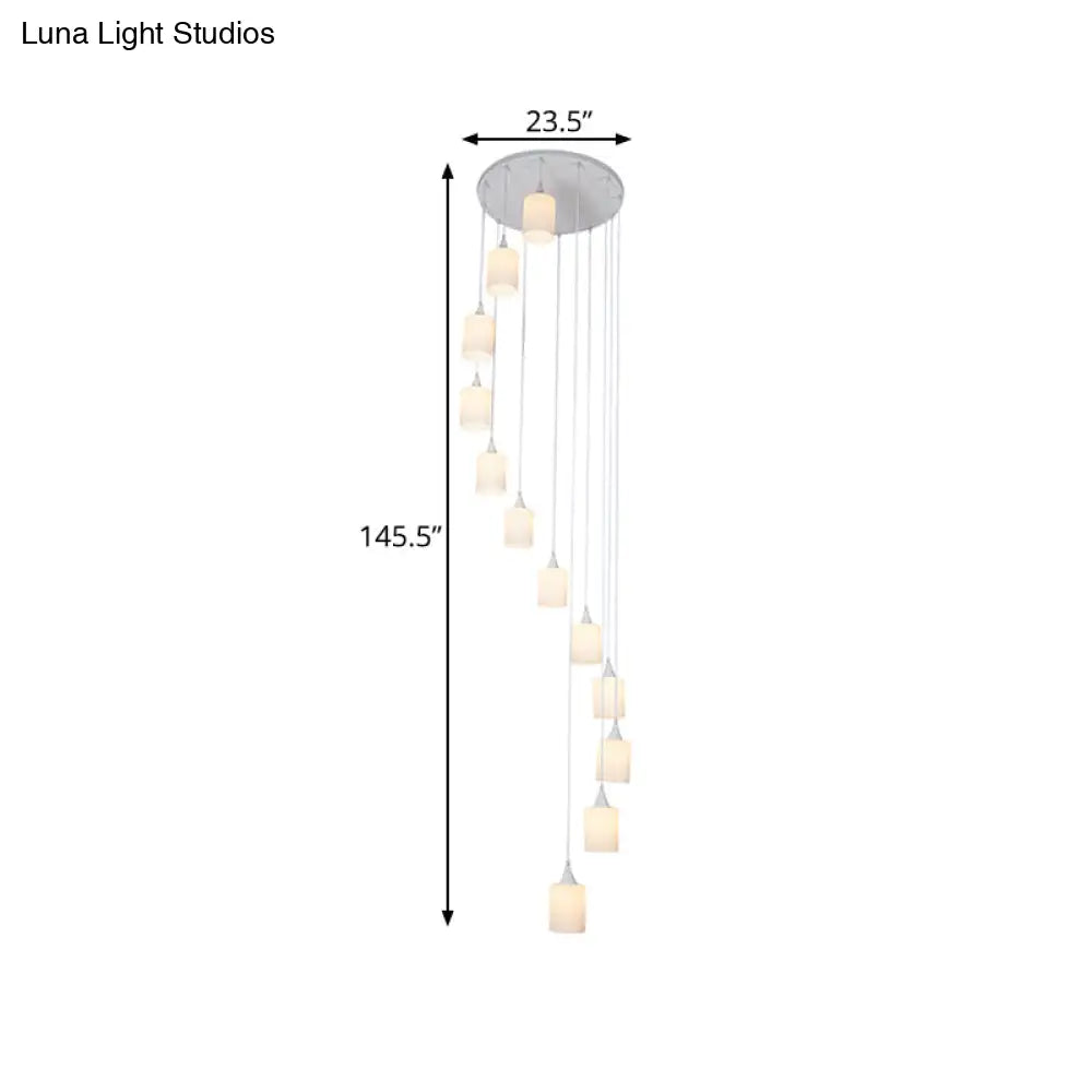 Contemporary Milk Glass Spiral Stair Pendant Light - 12 Heads White Round/Square Hanging Lamp