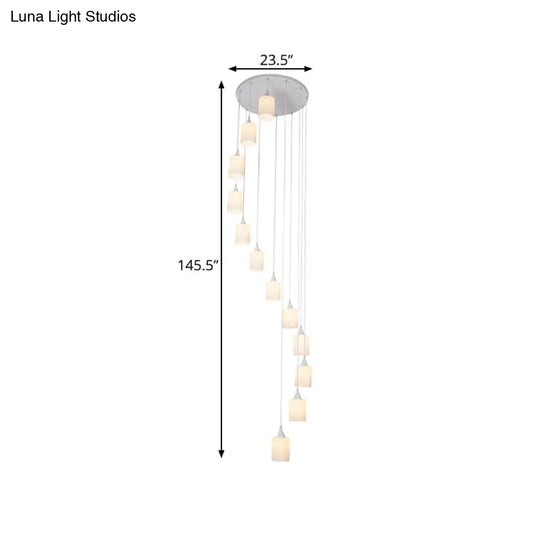 Contemporary Milk Glass Spiral Stair Pendant Light - 12 Heads White Round/Square Hanging Lamp